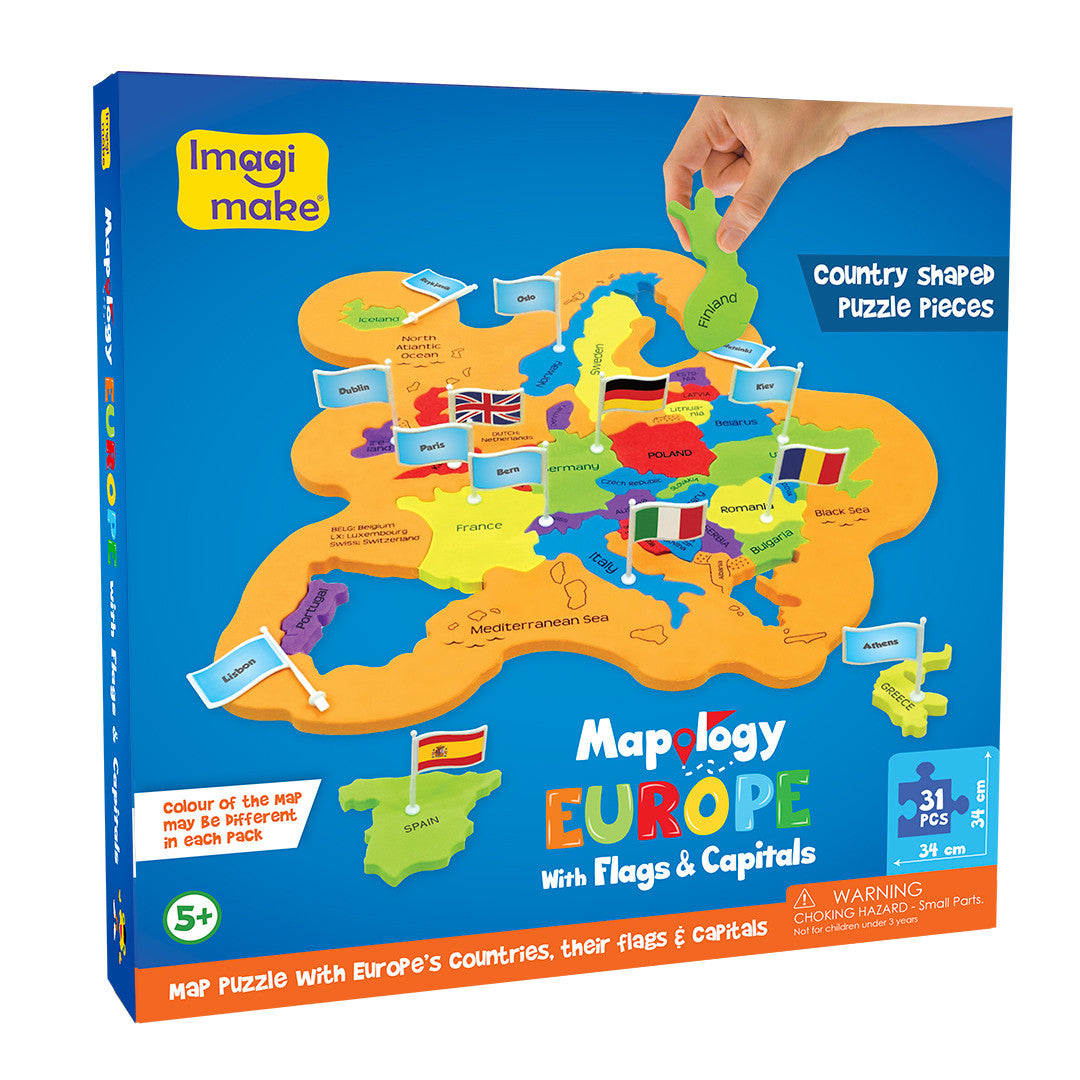 Puzzle Educativ din Spuma EVA - Harta Europei cu Steaguri si Capitale, Imagimake, 5 ani+