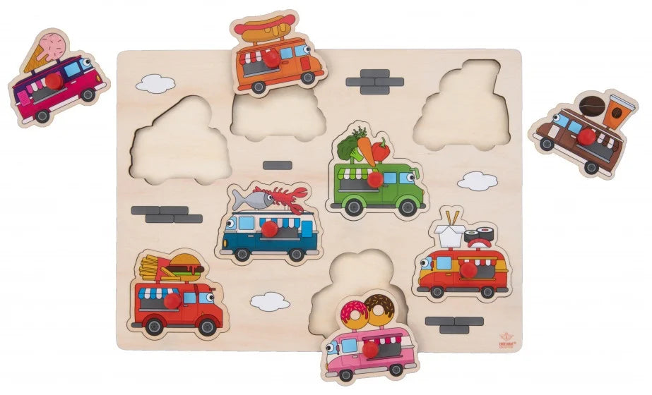 Puzzle incastru din lemn cu butoane - Camionul cu mâncare, dimensiune 30 x22.5 cm