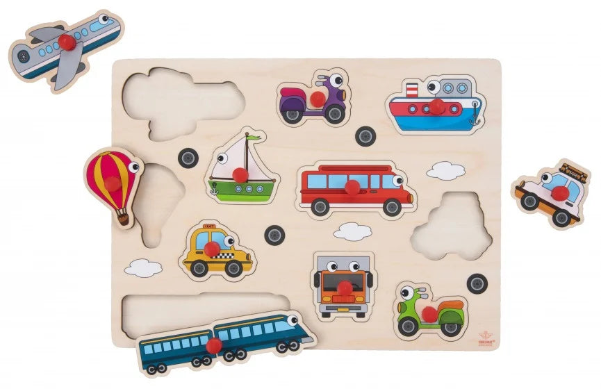 Puzzle incastru din lemn cu butoane Vehicule, 30 x 22.5 cm